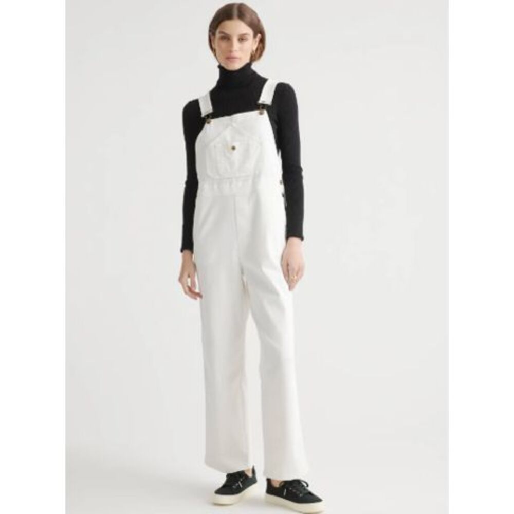 Quince Organic Stretch Cotton Twill Relaxed Overalls Whte M